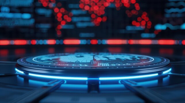 The podium integrates augmented reality to overlay realtime data and visual aids, enhancing presentations with futuristic technology, with copy space