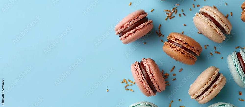 Poster Macarons displayed on a blue backdrop with an area for your own content known as copy space image.