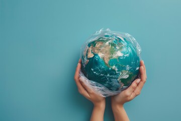 Globe planet in a plastic bag in hands, concept of pollution of the earth