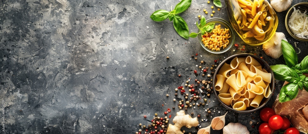 Poster Pasta and ingredients displayed on a stone background with copy space image.