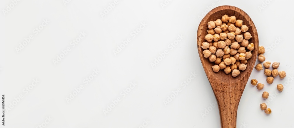 Poster top view of dry organic chickpeas in a wooden spoon on a white background with ample copy space imag