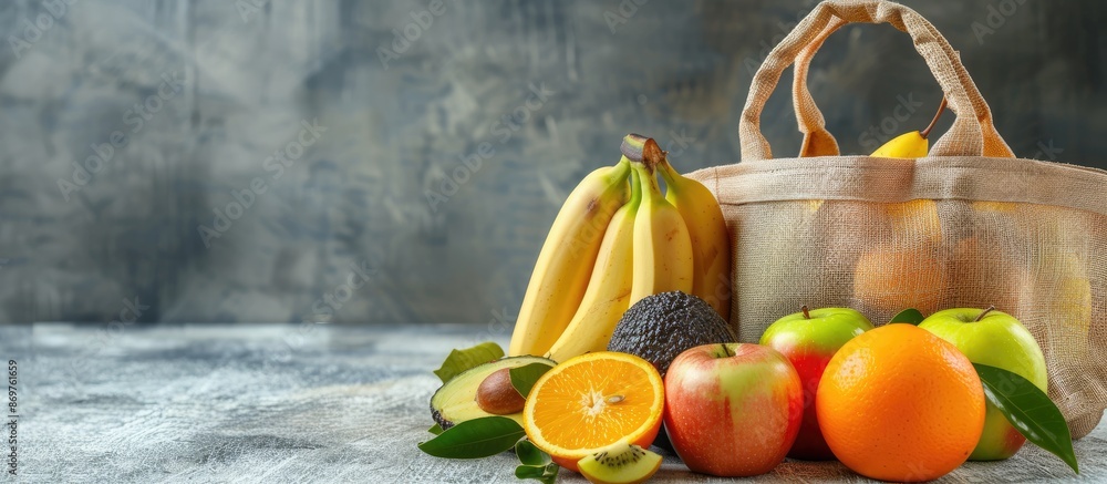 Poster various fruits like bananas, apples, oranges, and avocado displayed on a table with an eco bag in th