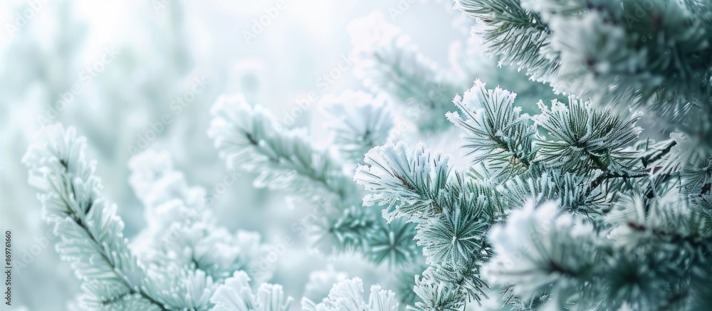 Poster image of a frozen pine tree with copy space, frozen green needes, giving a magical touch.