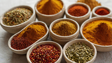 Fototapeta premium Default_a_close_up_of_a_variety_of_spices_in_bowls_on_a_white_3 (2)_upscayl_4x_realesrgan-x4fast