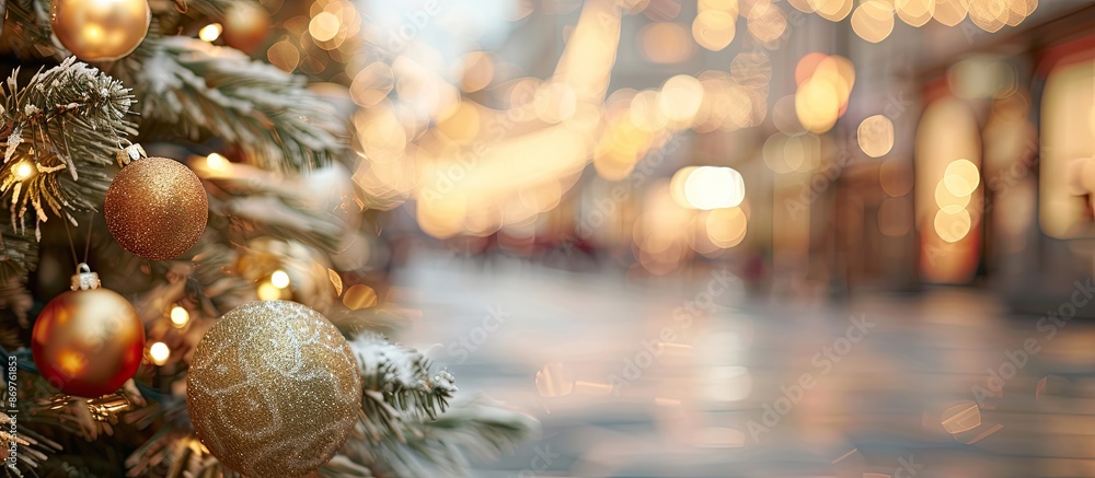 Aufkleber Urban Christmas tree decoration displayed on a street, featuring a blurred background and space available for text placement in the image.