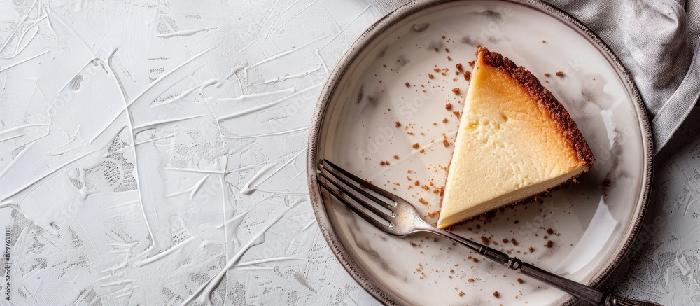 Aufkleber a plate with a slice of cheesecake, a fork, on a light background with copy space image.