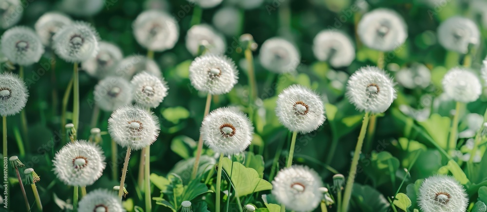 Poster a close-up image of square dandelions with white flowers and vibrant green stems on a sunny day prov