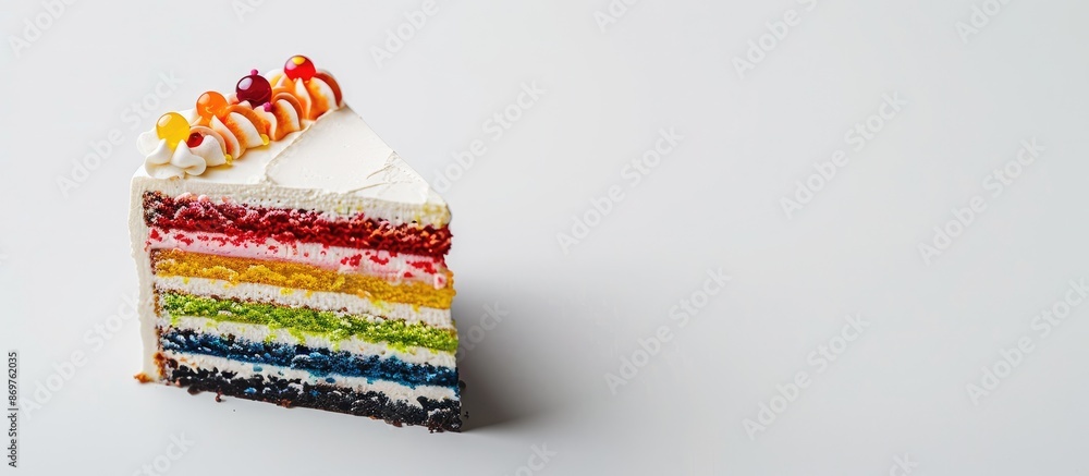 Poster colorful cake with copy space image, ready to eat, isolated on a white background, captured in a hor