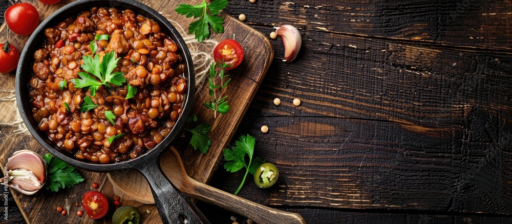 Poster freshly cooked lentils mixed with savory beef or pork, served as an appetizer or a meal, placed on t