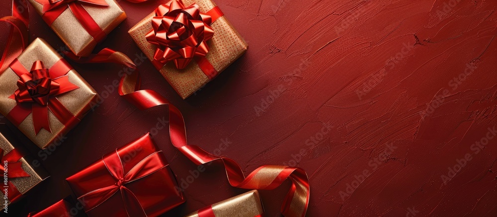 Aufkleber Top view of gift boxes beautifully wrapped in red and gold ribbons, set against a copy space image with a greeting card text design template in the background.