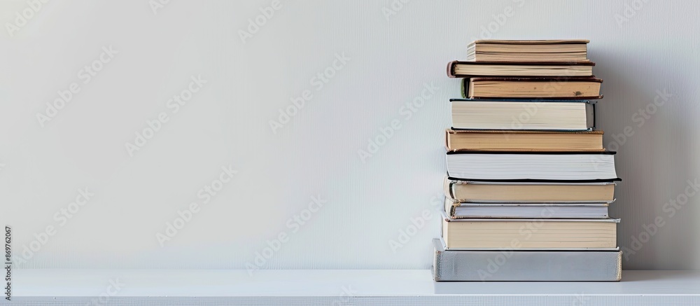 Fototapete books stacked neatly on a white table with ample copy space image.
