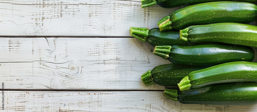 Poster zucchini arranged on a background of white wood with copy space image.