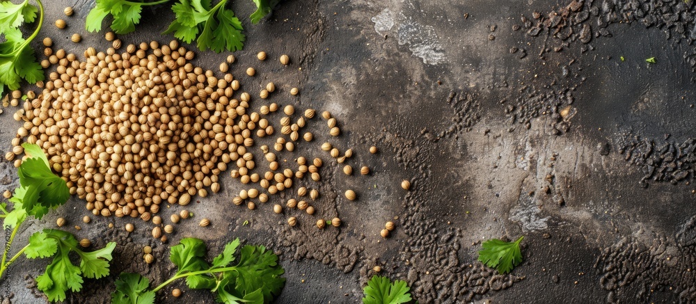 Aufkleber A few coriander seeds arranged on the table with empty space for text or image.