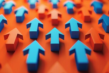 Multiple blue arrows pointing upward on an orange background symbolizing growth, progress, and direction.