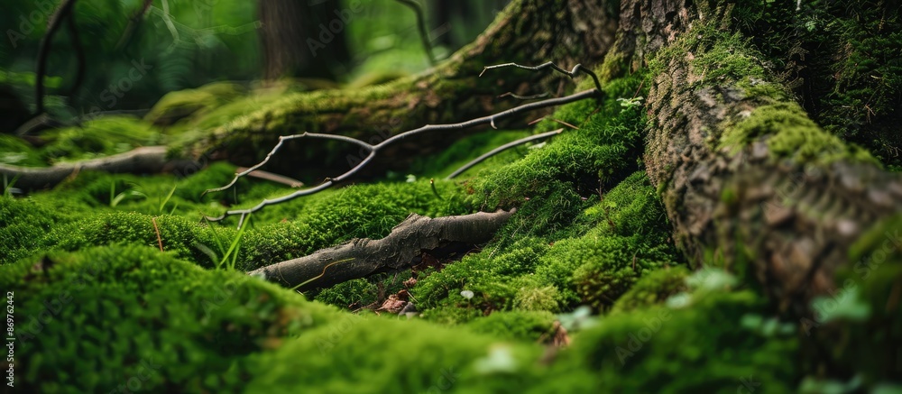 Poster Close up image showing moss and branches on a European forest ground, with copy space image.