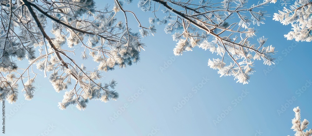 Poster snow-covered tree branches against a clear blue sky with a view of the forest treetops, creating a s