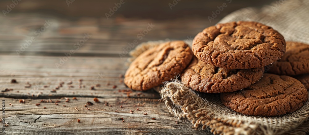 Poster a close-up of delicious cookies on a rustic wooden surface, with space for text or other elements in