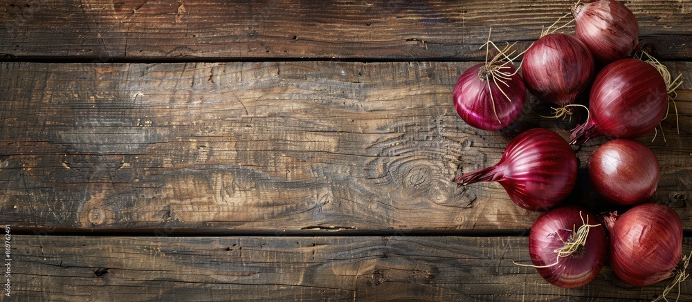 Poster red onions displayed on a vintage wooden surface with copy space image.