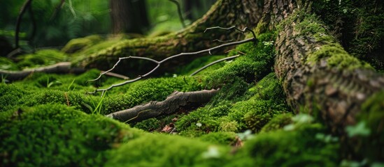 Fototapeta premium Close up image showing moss and branches on a European forest ground, with copy space image.
