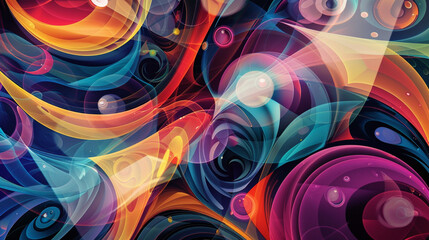 The bright and colorful abstract design features swirling patterns and geometric shapes. Abstract background, wallpaper