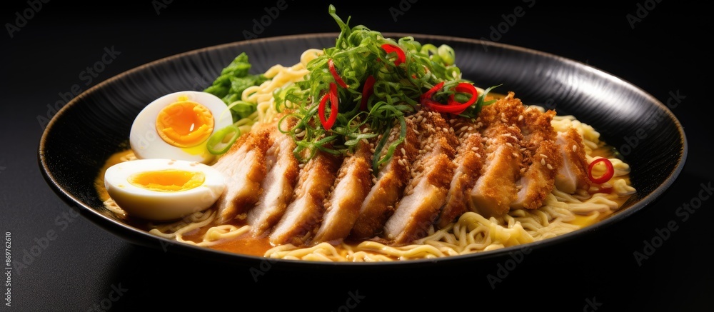 Poster chicken katsu atop cheese ramen, presented on a grey backdrop with copy space image.