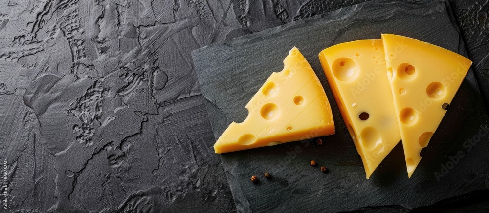 Poster cheese slices looking delicious against a dark backdrop with copy space image.