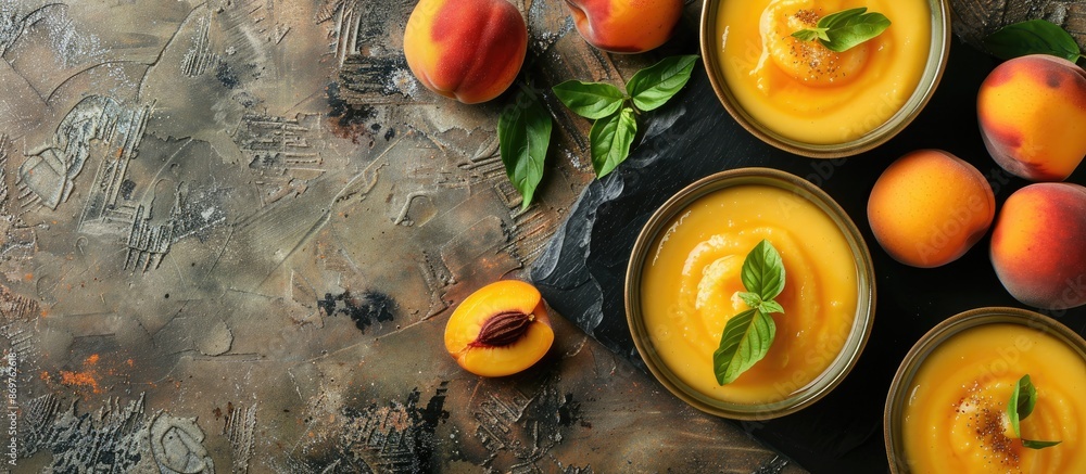 Aufkleber close-up of vanilla pudding and peaches in bowls on a textured grunge background, with copy space im
