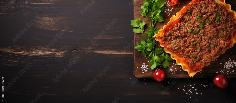 Poster Top view of Italian lasagna with bolognese sauce and minced beef on a dark wooden surface with room for text or other elements in the image