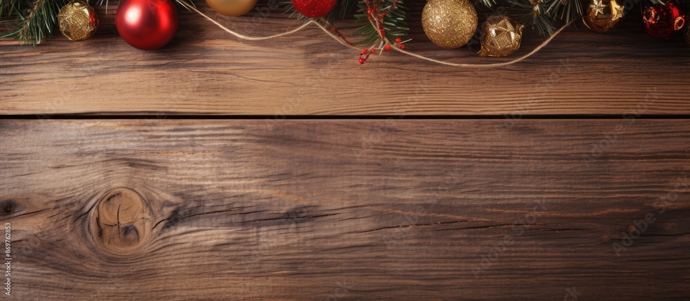Aufkleber top view of christmas decorations on a wooden background with a copy space image.