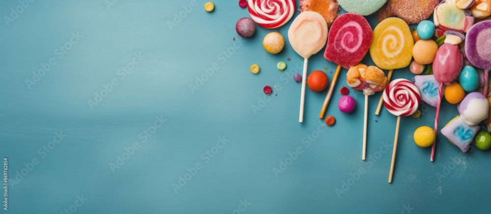 Poster various colorful confections like lollipops, macaroons, marshmallows, marmalade, and candies arrange