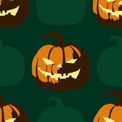 Seamless vector pattern with halloween pumpkins on a dark green background