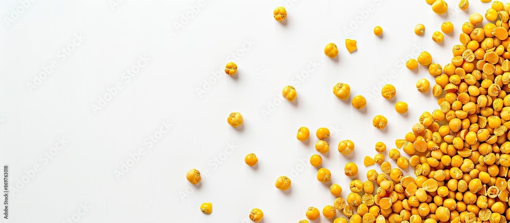 Aufkleber top view of uncooked yellow peas arranged along a border on a white background, providing ample copy