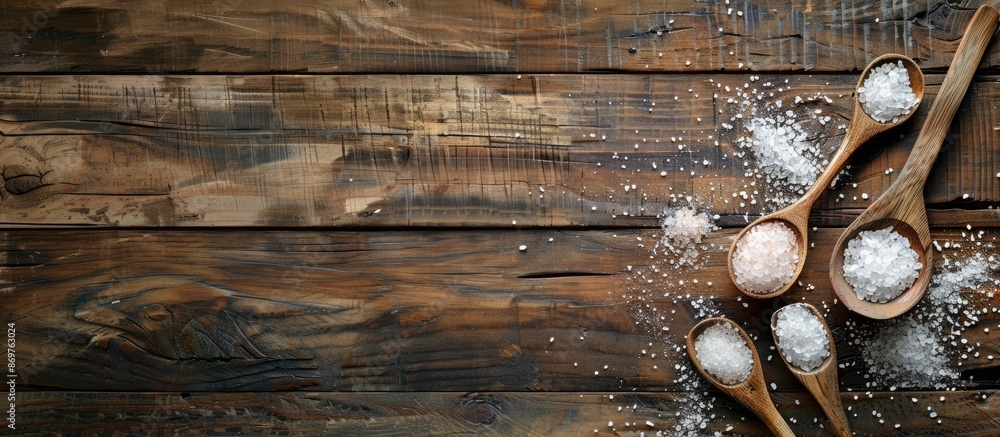 Aufkleber sea salt spoons on a rustic wooden table with ample copy space image.