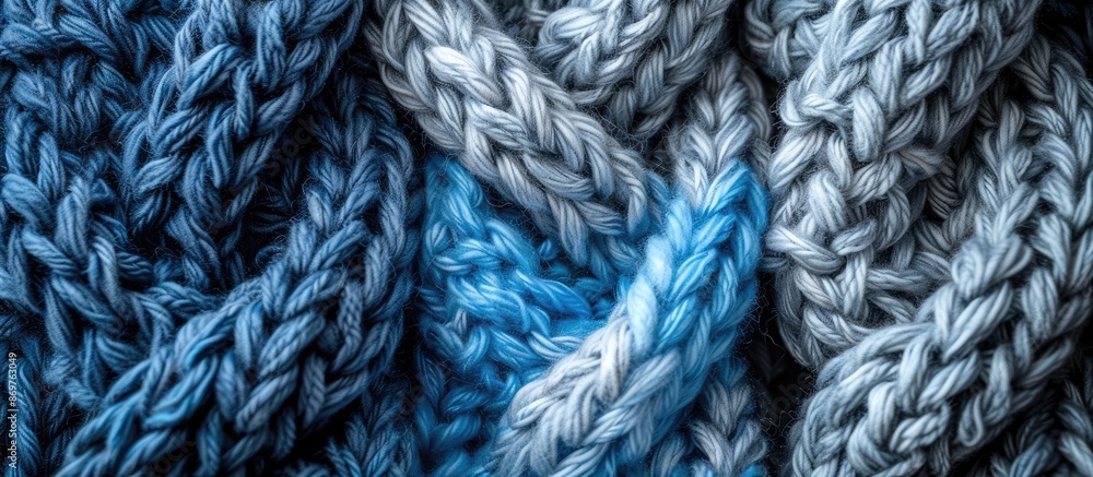 Poster close-up of soft, knitted wool textures in blue and gray, ideal for men's winter fashion. textile ba