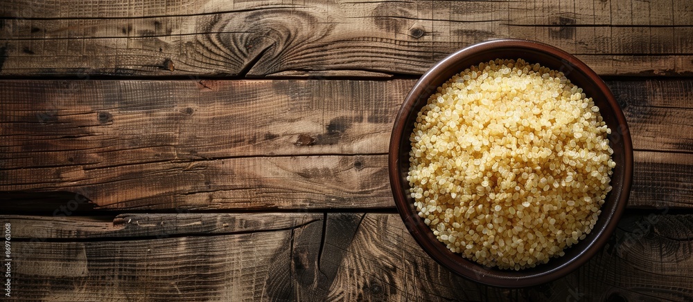 Poster Top view of a wooden table with a bowl of raw bulgur, providing a clear space for text in the image.