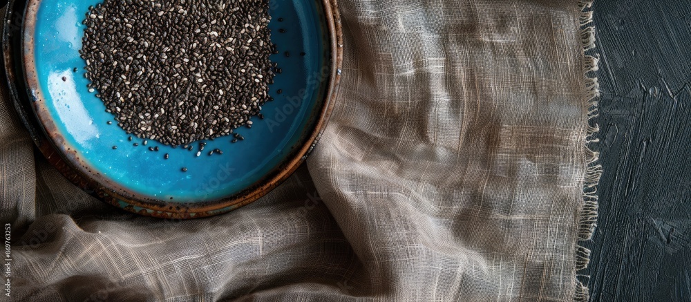 Poster a blue plate with chia seeds displayed on a linen tablecloth, with a blank space suitable for adding
