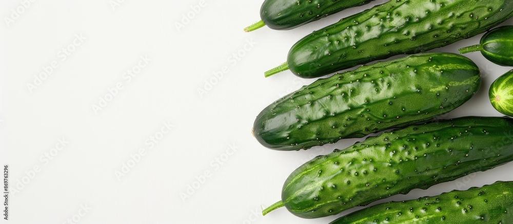 Poster fresh cucumbers displayed from a close-up, top-down perspective on a white backdrop, with space for 