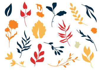 Set of silhouettes abstract flowers in flat cartoon design. Beautifully drawn botanical silhouettes depict various leaves, flowers and branches in vibrant colors. Vector illustration.