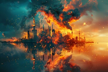 Obraz premium City skyline engulfed in flames against a fiery sky.