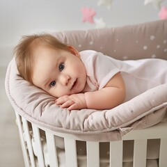 Soft crib, peaceful baby dreaming of wonder. white background.