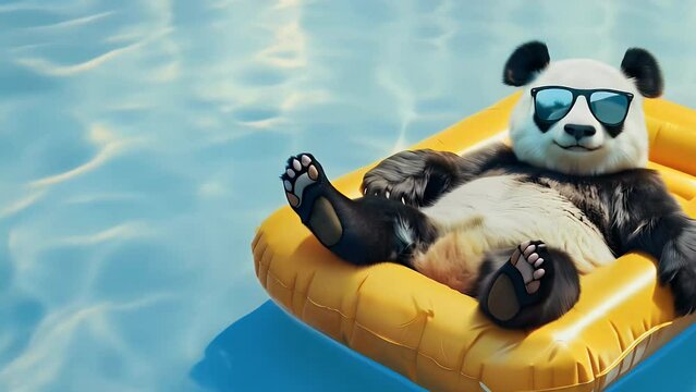 Cute panda lie on swimming mattress in the pool