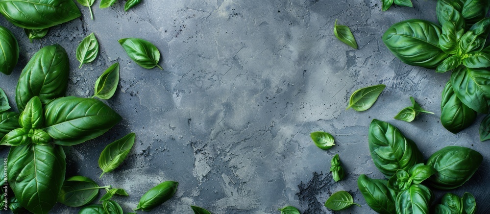 Poster flat lay arrangement with lush green basil leaves on a gray surface, providing room for text in the 