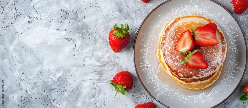 Poster a plate displaying delicious strawberry pancakes with copy space image.