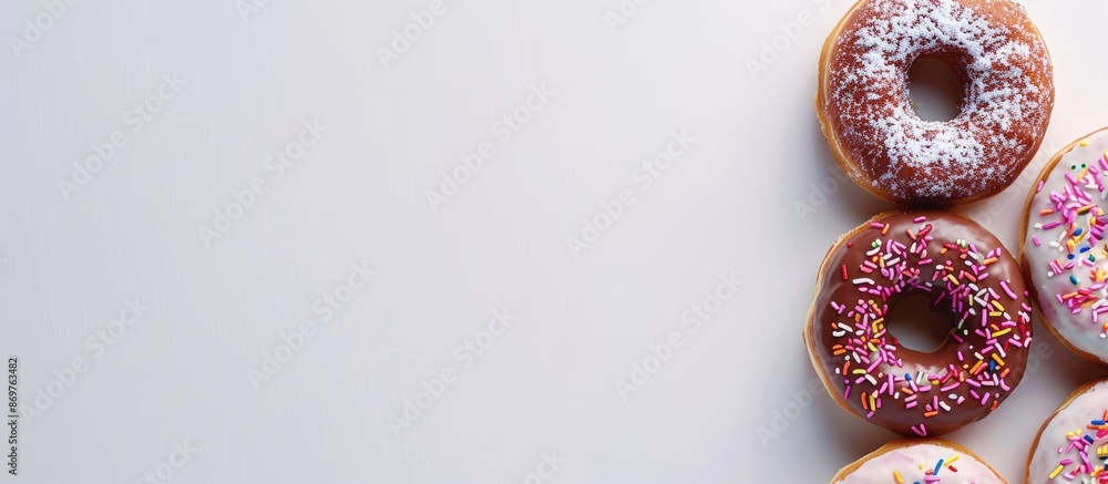Poster an overhead view of a delectable dessert - iced donuts on a white backdrop with room for text or ima