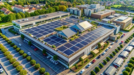 Shopping center aerial view solar rooftop photovoltaic panels electricity