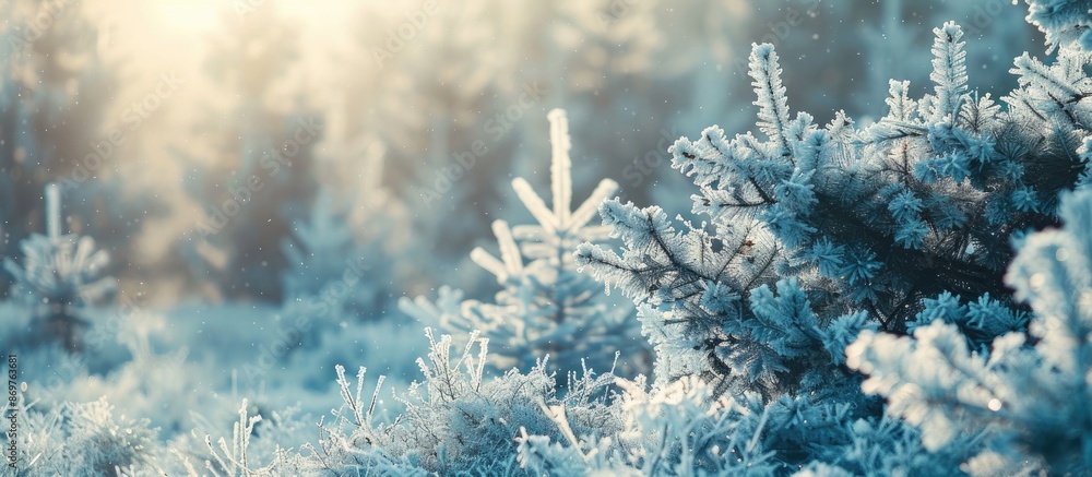 Poster Scenic winter landscape with evergreen trees covered in frost, displaying an elegant tranquility. An enchanting backdrop with a copy space image.