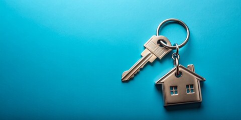 Silver house key on a keychain with empty space, real estate property, new house, home ownership, purchase