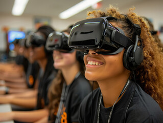 Multicultural group of people using virtual reality glasses technology having a virtual experience in the metaverse