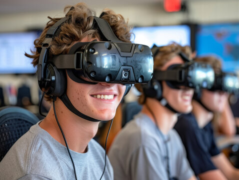 High school students using virtual reality glasses technology for an educational and immersive learning experience in the school classroom
