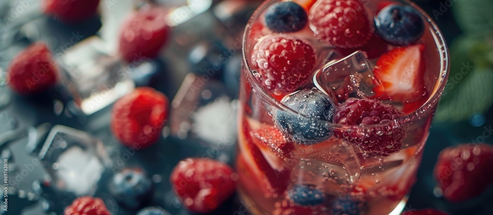 Poster Close-up shot of a summer beverage with berries and ice cubes on a table, ideal for a copy space image.
